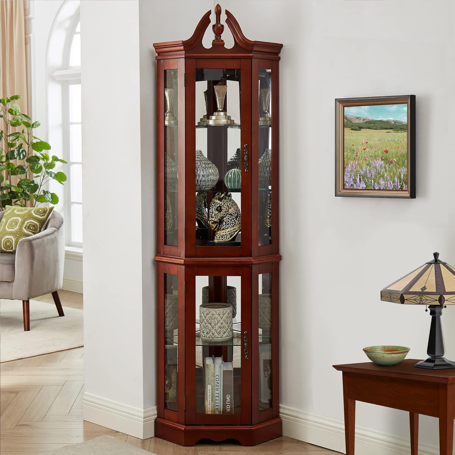 Lighted Curio Cabinet with Curved Top Finial, Wooden Corner Display Cabinet with Adjustable Tempered Glass Shelves, Retro Storage Cabinet with Mirrored Back & Tempered Glass Doors