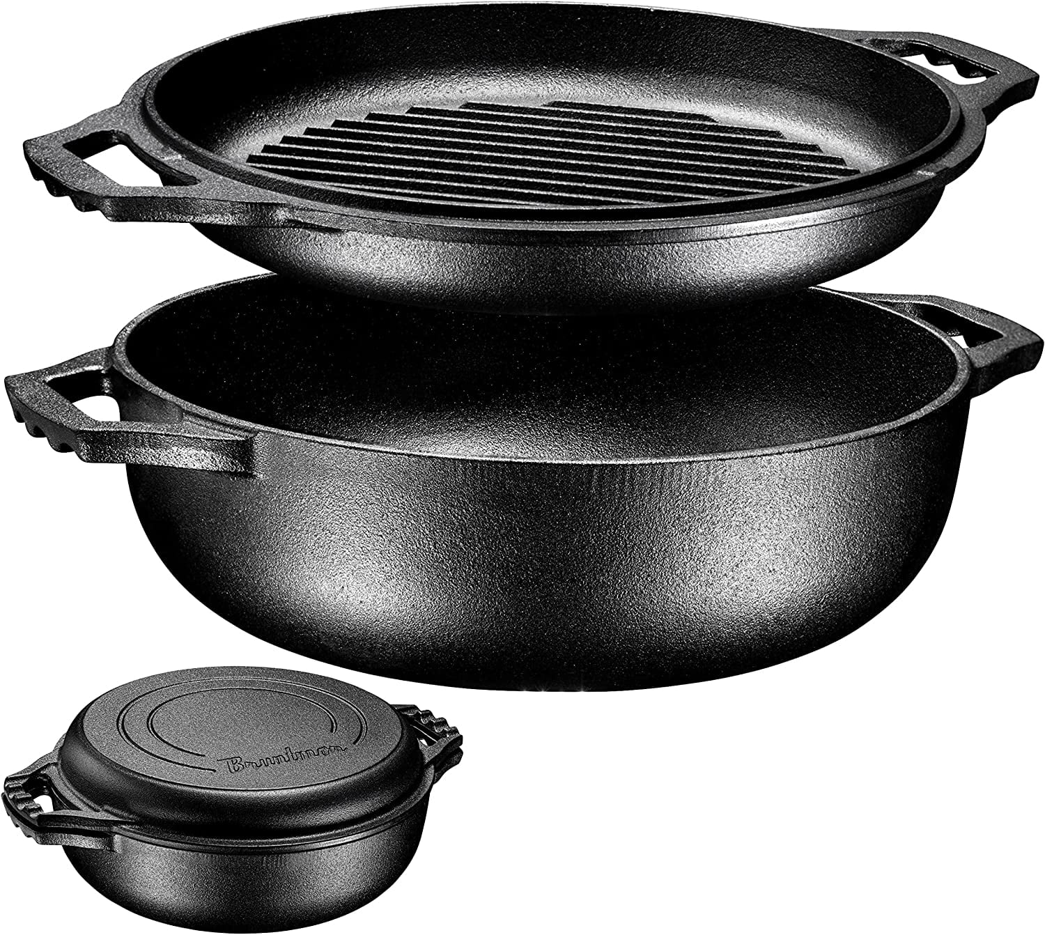 Bruntmor Enameled Cast Iron Braiser with Lid - Dual Handle 3.3 Quart Cast Iron Braising Pan for BBQ, Fryer, and Camping - Pre-Seasoned Dutch Oven with Grill Lid - Black