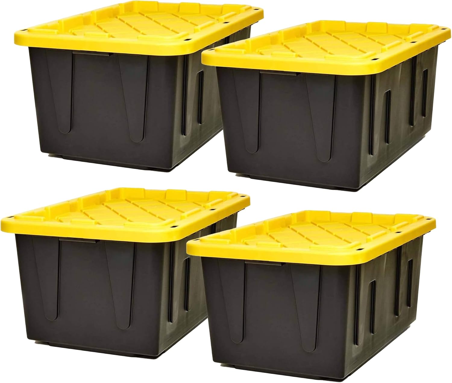 HOMZ 15-Gallon Durabilt Plastic Stackable Storage Organizer Container w/Snap Lid and Hasps for Tie-Down Straps or Locks, Black/Yellow (4 Pack)