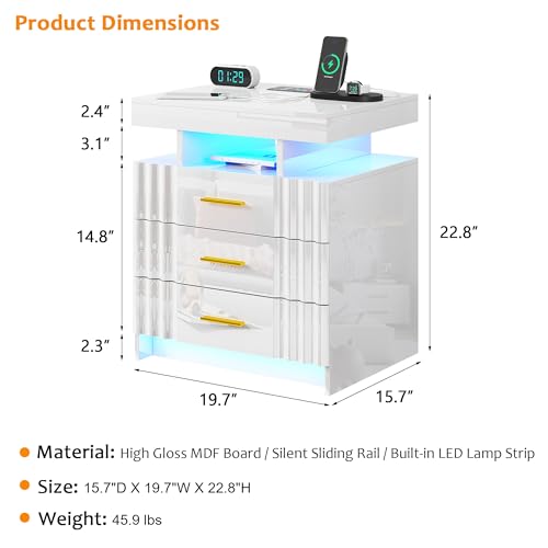 Lvifur Nightstand with Charging Station, Night Stand with Hutch & Storage Drawers, End Table Side Table Bedroom (Black)