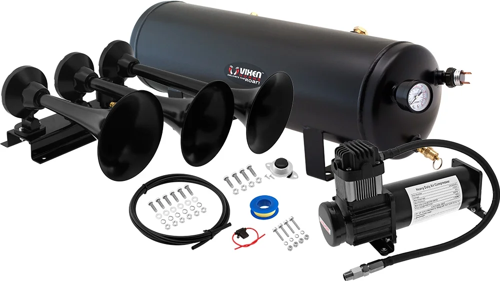 Vixen Horns Train Horn Kit for Trucks/Car/Semi. Complete Onboard System- 200psi Air Compressor, 3 Gallon Tank, 3 Trumpets. Super Loud dB. Fits Vehicles like Pickup/Jeep/RV/SUV 12v VXO8330B/3418B