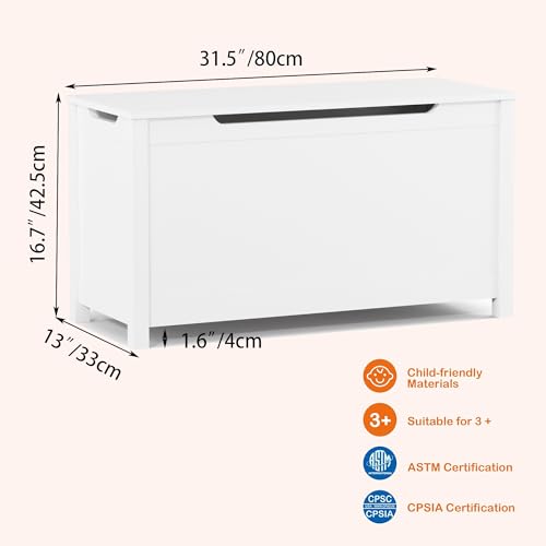 Wooden Toy Box,Kids Large Trunk Chest & Bench w/Safety Hinge,Kids Play Room Organizer, Flip-Top Storage Organizer for Children’s Playroom Bedroom Living Room Entryway,Gift for Ages 3+ (White)