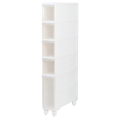 Narrow Tall Floor Cabinet for Bathroom, Vertical Storage Unit with 4 Clear Drawers and Casters, Slim Freestanding Narrow Dresser Tower Storage Drawer Cart, 14cm/22cm Width, Assembly Free