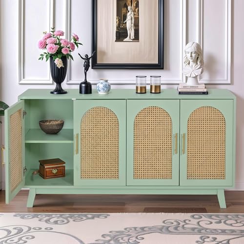 Sideboard Accent Storage Cabinet with Rattan Decorated 4 Doors Modern Freestanding Kitchen Buffet Table Cupboard Accent Cabinet for Dinging Room, Living Room, Entryway,Mint Green, M042310