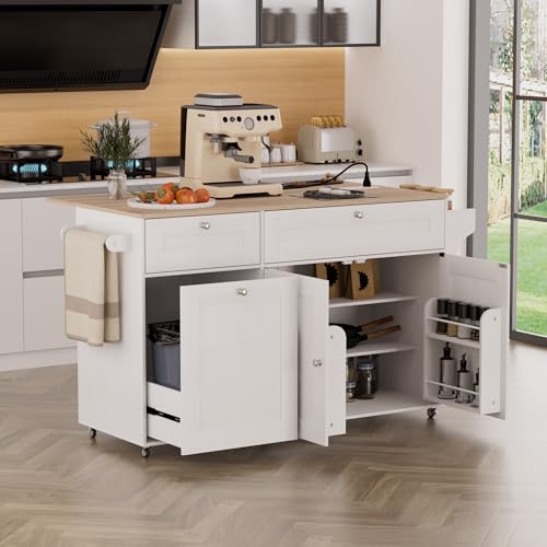 Kitchen Island on Wheels with Storage and Power Outlet, Kitchen Island with Trash Can Storage Cabinet and Drop Leaf, with Spice Rack & Towel Rack, Rolling Island Cart for Kitchens (Black)