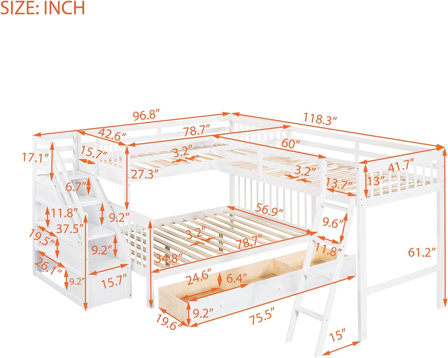 L Shaped Bunk Beds For 3, Triple Bunk Bed With Stairs And 3 Storage Drawers, Over Full Bunk Bed With Size Loft Bed Attached, Wooden Bunk Bed Frame For Kids Teens Adults (White)