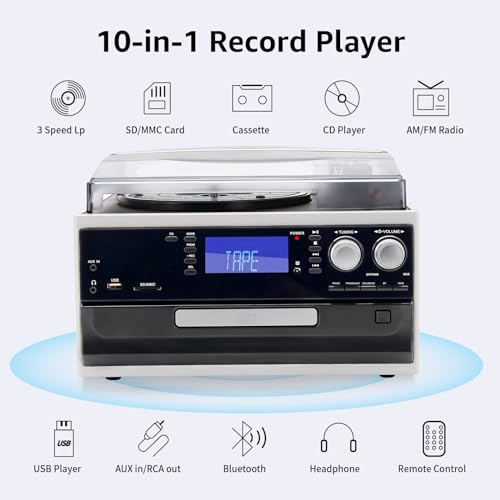 9 in 1 Record Player 3 Speeds Turntable with Seamless Bluetooth, Vinyl Phonograph with Built-in Powerful Speakers CD/Cassette, USB/SD/MMC, AM/FM Radio, AUX in/RCA Output, Black