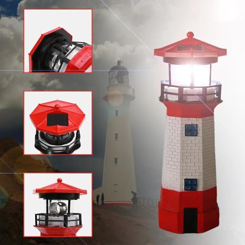 Red Solar Lighthouse, Rotating LED Lighthouse Decorative Lights, Courtyard Waterproof Landscape Lights, Outdoor Solar Lights Resin Crafts As Gifts for Friends.