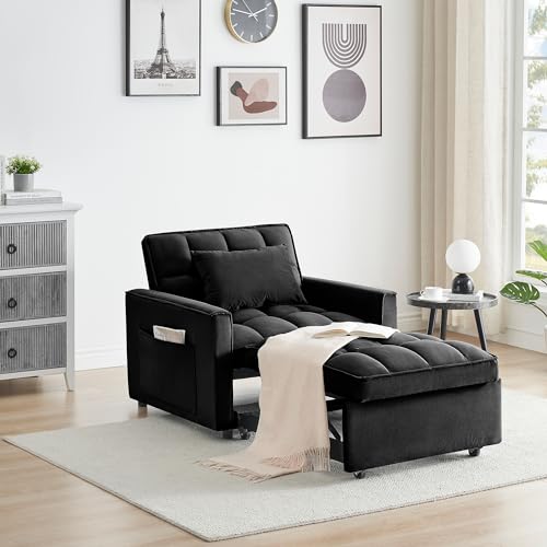 Convertible Chair Bed Sleeper 3 in 1 with Adjustable Back for Adults,Velvet Pull Out Folding Recliner Chair Bed,Single Sleeper Sofa with Pillow & Pocket for Living Room Apartment Small Spaces (White)