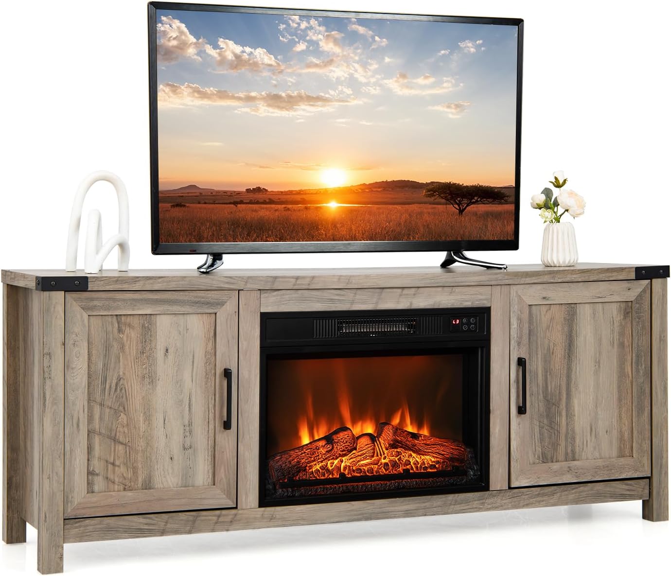 COSTWAY Electric Fireplace TV Stand for TVs up to 70 Inches, Farmhouse Media Entertainment Center Table with Storage Cabinets, Electric Fireplace TV Console with Remote Control for Living Room Bedroom