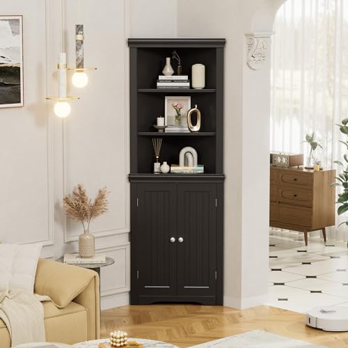 Flamaker Corner Cabinet, Corner Shelf with 2 Barn Doors and 3 Shelves, Freestanding Storage Cabinet with Adjustable Dividers for Bathroom, Living Room, Bedroom or Kitchen (Espresso)