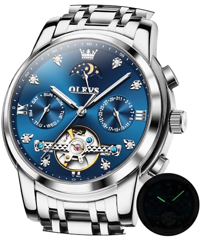 OLEVS Automatic Watches for Men Diamond Luxury Dress Tourbillion Moon Phase Two Tone Stainless Steel Luminous Waterproof Men Wrist Watch
