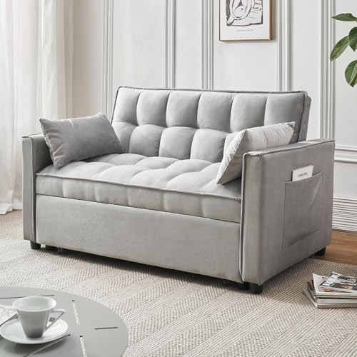 Convertible Sleeper Sofa Bed, Modern Velvet 3-in-1 Futon Couch Pullout Bed with Adjustable Backrest, Storage Pockets and Toss Pillows for Living Room, Bedroom (Beige)