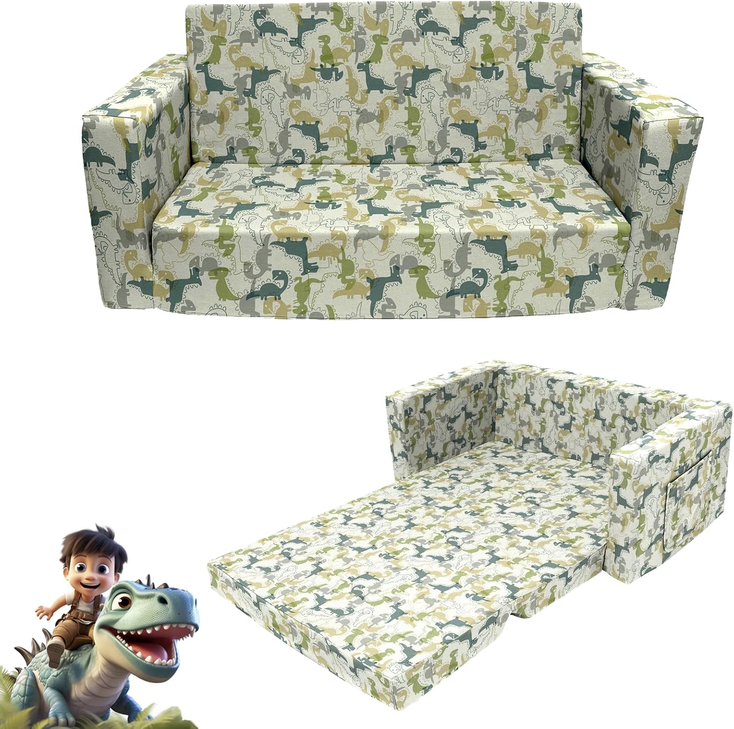Extra Soft 2 Seats 2 in 1 Flip Open Chair & Sleeper, Cute Dinosaur Print + Comfy Flip-Out Couch Chair/Sleeper Bed for Toddler Boys and Girls (Blue-Balloon)