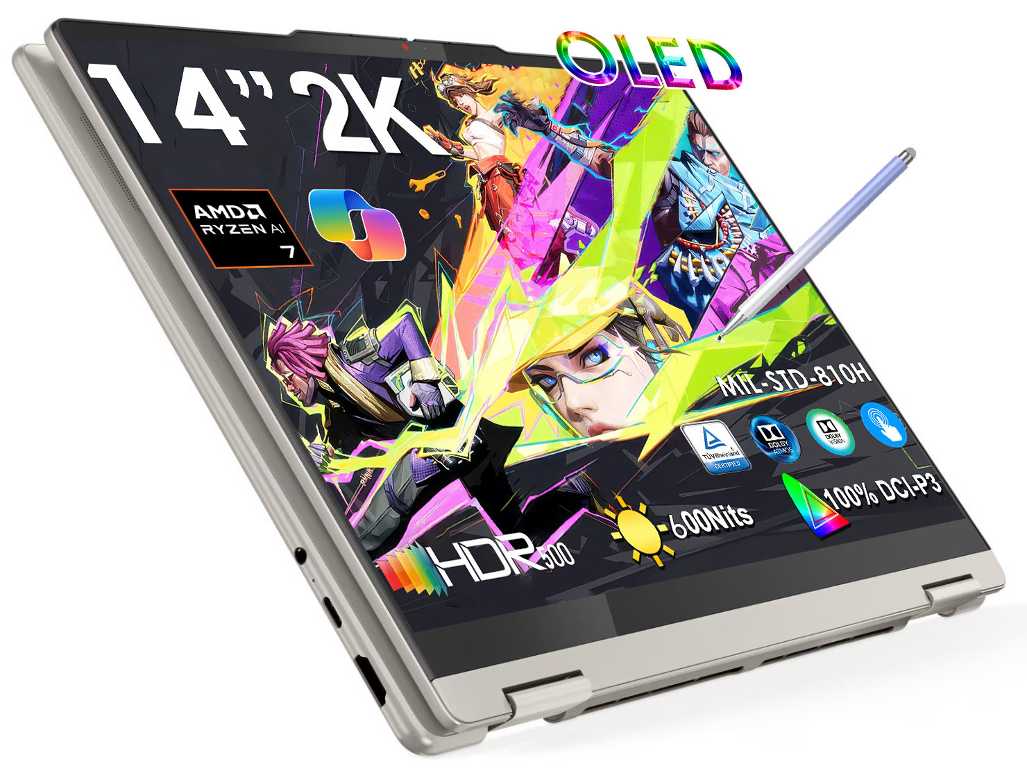 Lenovo Yoga 7 2-in-1 Copilot+ PC, 14" OLED Touch (1920x1200), AMD Ryzen AI 7 350 (50 TOPS NPU), 16GB RAM, 1TB SSD, 13.5H Battery, Wi-Fi 7, Win 11, Seashell