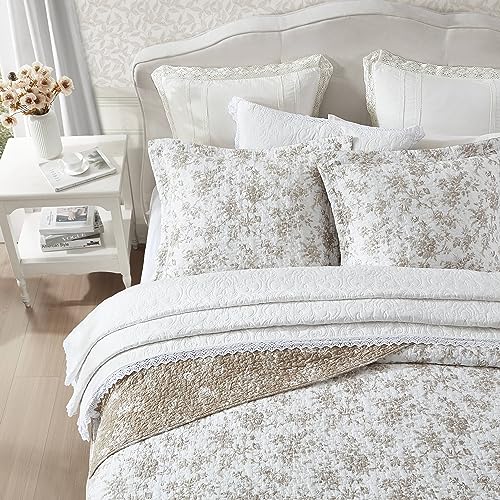 Laura Ashley - Queen Quilt Set, Reversible Floral Cotton Bedding with Matching Shams, Home Decor for All Seasons (Walled Garden Brown, Queen)