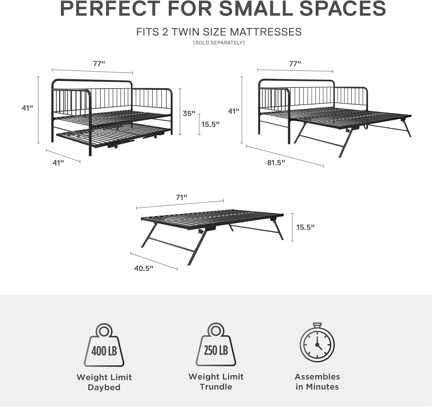 DHP Oddny Metal Daybed with Pop Up Trundle Bed, Twin, Black