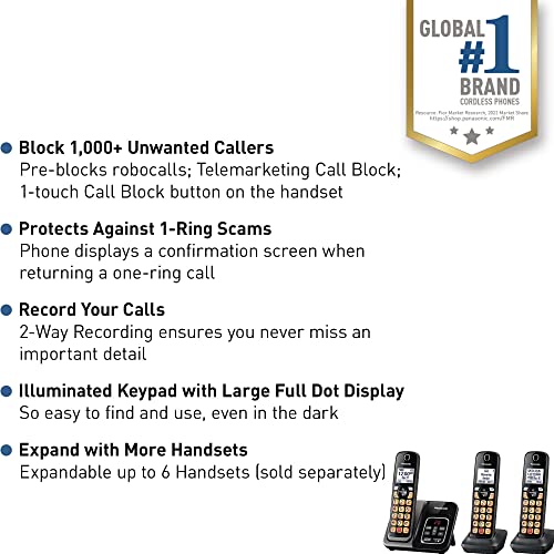 Panasonic Cordless Phone with Answering Machine, Advanced Call Block, Bilingual Caller ID and Easy to Read High-Contrast Display, Expandable System with 2 Handsets - KX-TGD832M (Metallic Black)