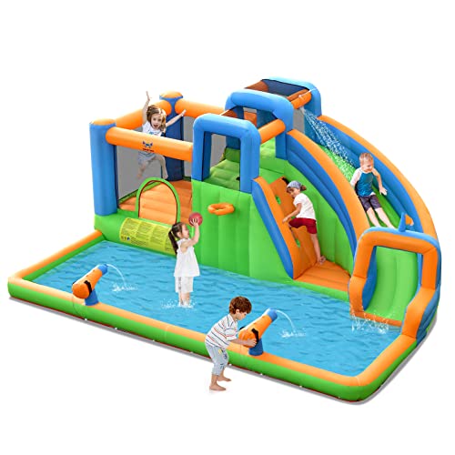 HONEY JOY Inflatable Water Slide, 7 in 1 Giant Water Park Bounce House for Outdoor Backyard, Splash Pool, Water Cannons & Climbing Walls, Blow up Water Slides Inflatables for Kids and Adults