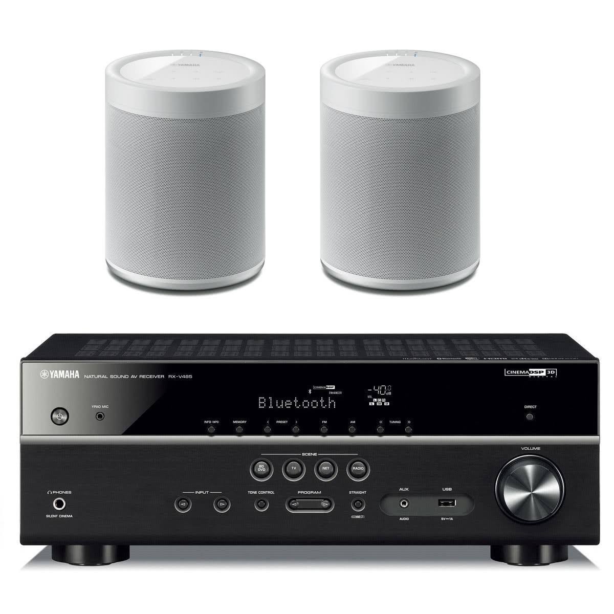 Yamaha RX-V485BL 5.1 Channel AV Network Receiver with WX-021WH MusicCast 20 Wireless Speakers - Pair (White)