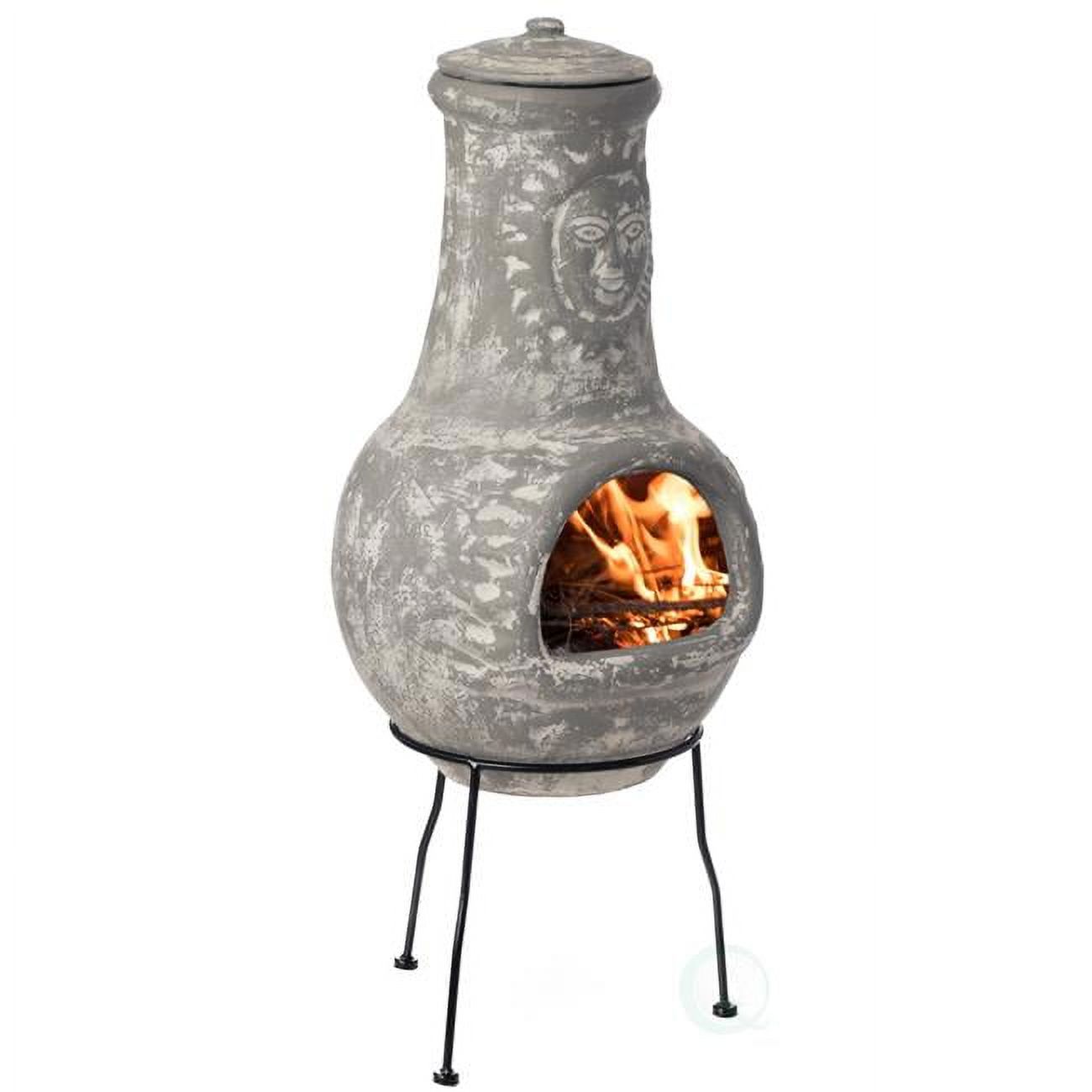 Outdoor Clay Chiminea Fireplace Sun Design Wood Burning Fire Pit with Sturdy Metal Stand, Barbecue, Cocktail Party, Cozy Nights Fire Pit, Stone Gray