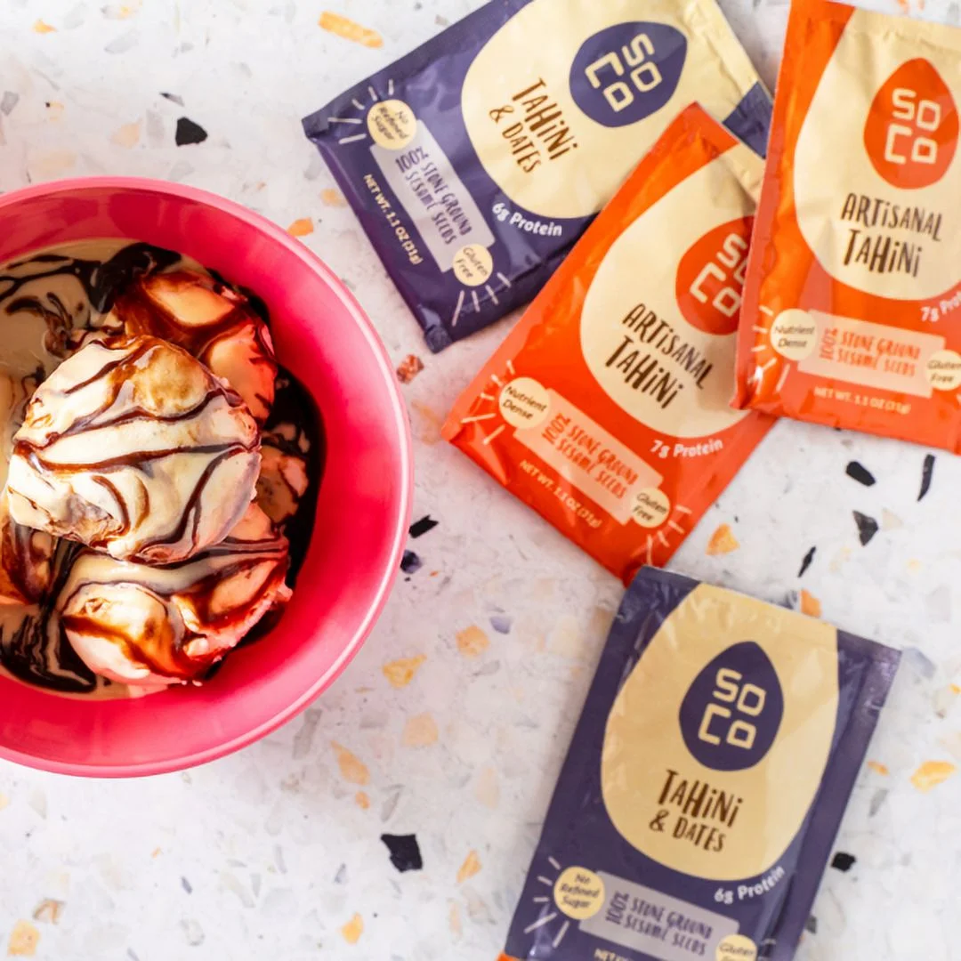 SoCo 2 x Artisanal Tahini Jars each of (380 Grams ) with combo 2 x Tahini & Dates Squeeze Packs each (Box of 10) Gluten-Free, Sugar-Free