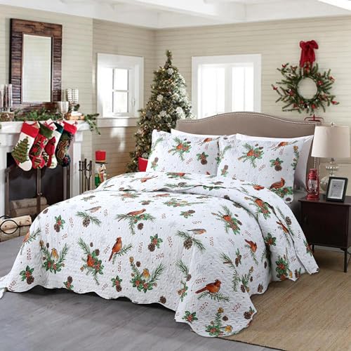 MarCielo 3 Piece Christmas Quilt Set, Rustic Lodge Deer Quilt Bedspread Throw Blanket Lightweight Bedspread Coverlet Comforter Set BY013 (King)