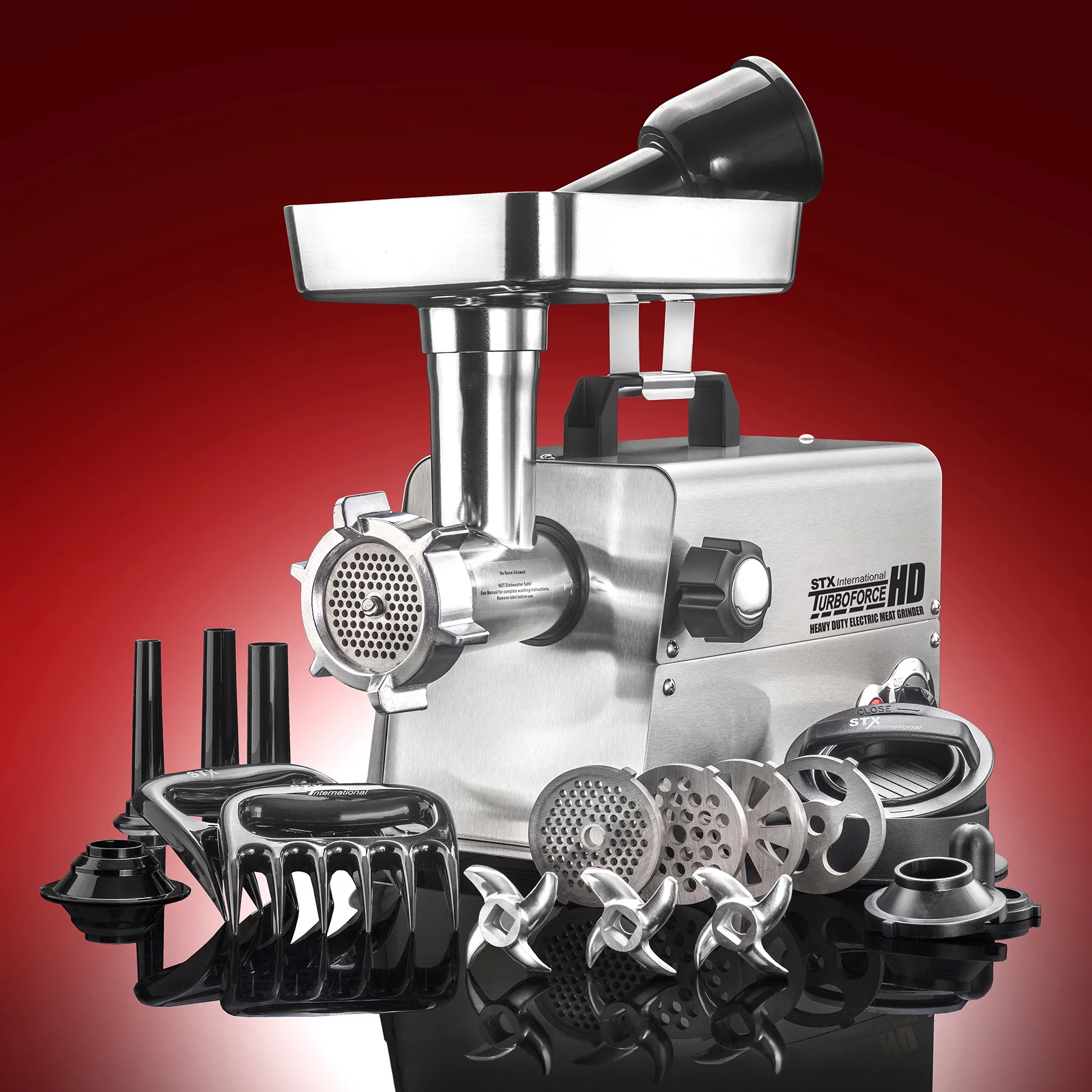 STX International Turboforce 3500-TFHD Heavy Duty Electric Meat Grinder with 4 Grinding Plates • 3 S/S Blades • Sausage Stuffer • Kubbe • 3 Lb. High Capacity Meat Tray, • 2 Meat Claws & Burger Press