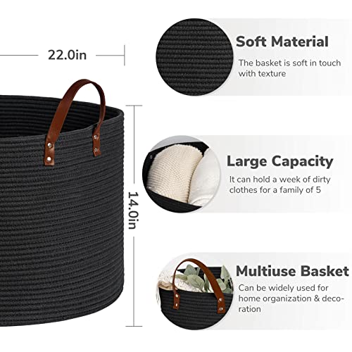 CHICVITA Large Storage Basket, Woven Laundry Basket with Leather Handles, Laundry Hamper for Blankets, Towels, Toys, Baby Nursery, Bedroom Organizer, 22 x 14 inches, Dark Gray
