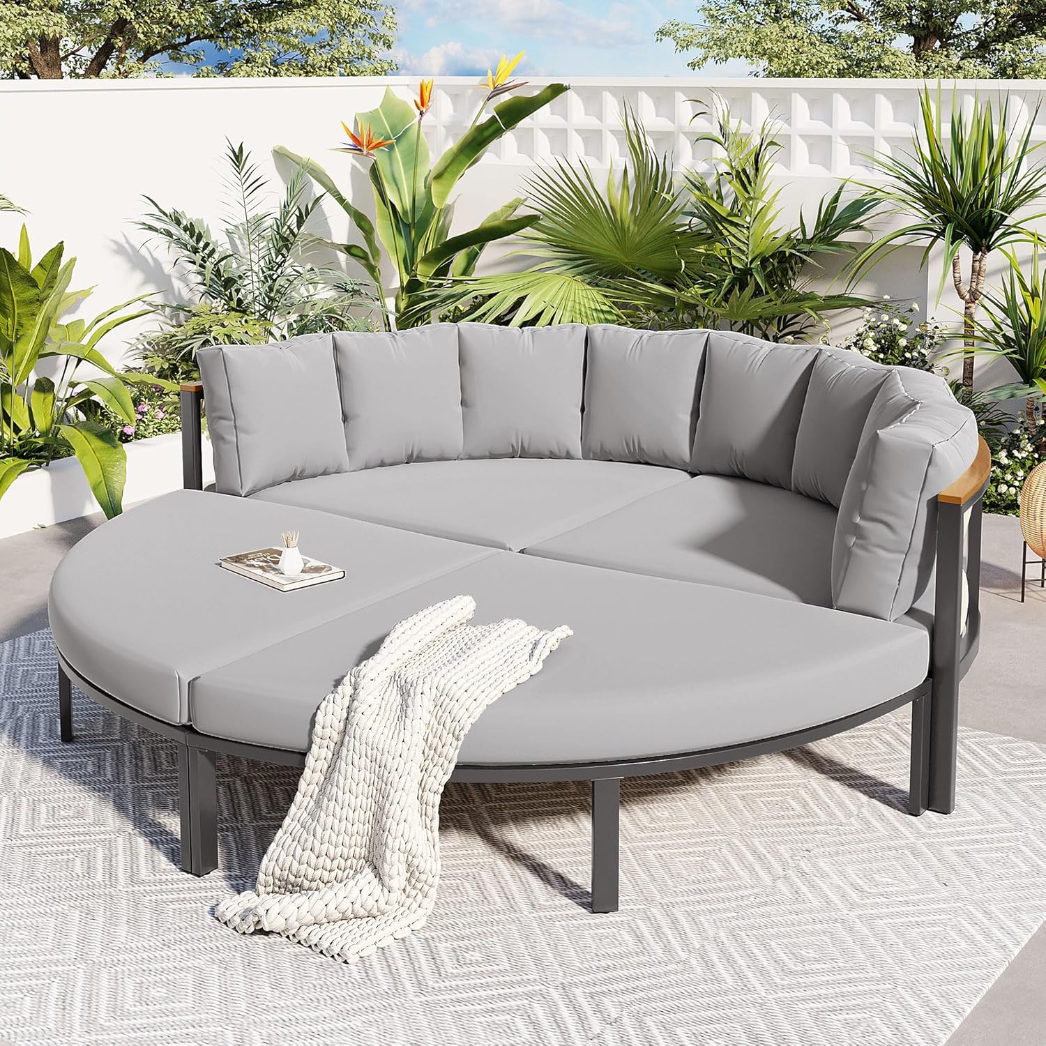 ROOMTEC Lounge Sofa Bed, U-style Sleeper Sofa Convertible Futon Couch for Outdoor Backyard,Living Room,Bedroom(Grey)