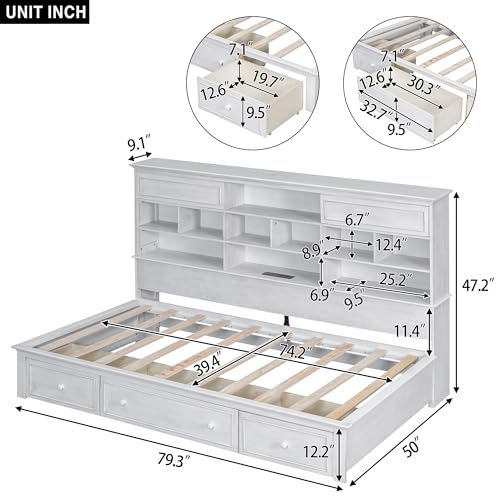 LZ LEISURE ZONE Twin Size Daybed Wood Daybed Frame with Multi-Storage Shelves, Charging Station and 3 Drawers, Antique White