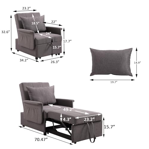 Chair Beds Sleeper 3-in-1 Use, Pull Out Sleeper Chair Bed, Convertible Chairs into Beds with Adjustable Backrest, Side Pockets and Pillow, Sleeper Couch Bed for Small Living Room,PU Leather