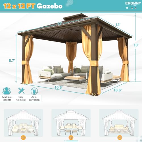 EROMMY 10' x 12' Hardtop Gazebo, Aluminum Frame Gazebos with Galvanized Steel Double Roof, Permanent Outdoor Metal Pavilion with Curtain and Netting for Patio, Lawn, Deck
