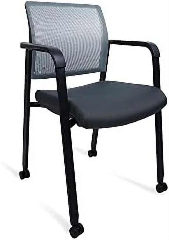 Mesh Back Guest Reception Arm Chairs With Wheels, Waiting Room Chairs With Upholstered Fabric Seat And Ergonomic Lumbar Support For Office Conference School Church Grey