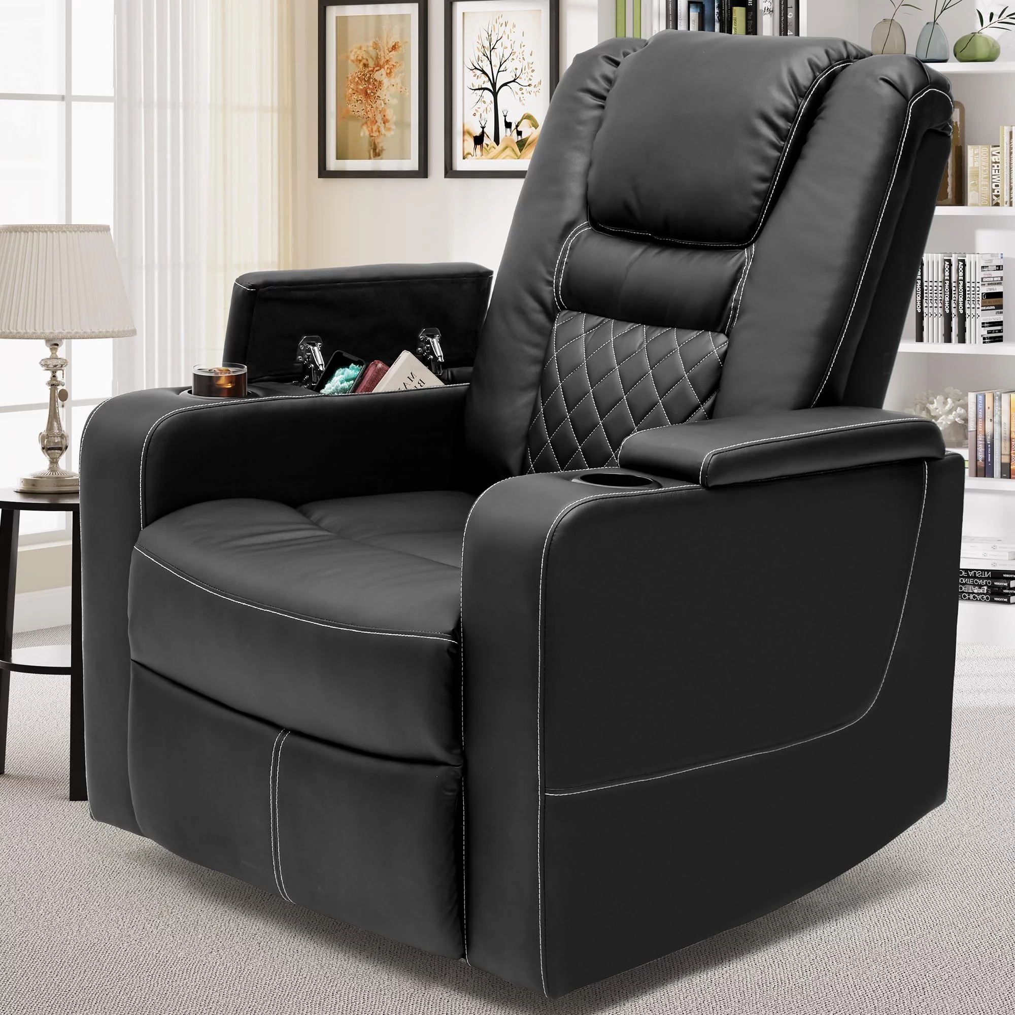 Dextrus Swivel Recliner with Flip Armrests, Manual Pull Loop, and Cup Holders, Soft Leather Recliner Glider for Home Theater - Black - Radiant Selections