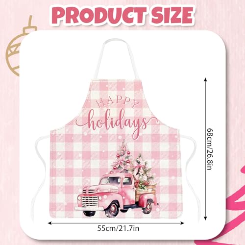 Whaline 4Pcs Christmas Aprons Pink Xmas Tree Santa Deer Buffalo Plaid Adjustable Kitchen Cooking Aprons for Christmas Holiday Home Party Supplies