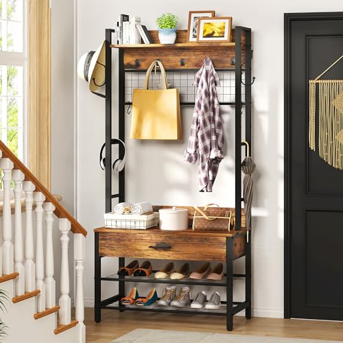 DKLGG Hall Tree with Bench and Shoe Storage for Entryway, 5-in-1 Coat Rack with Shoe Storage, Wood Look Accent Shoe and Coat Rack, Farmhouse Hall Tree with 12 Hooks for Mudroom, Bedroom, Living Room
