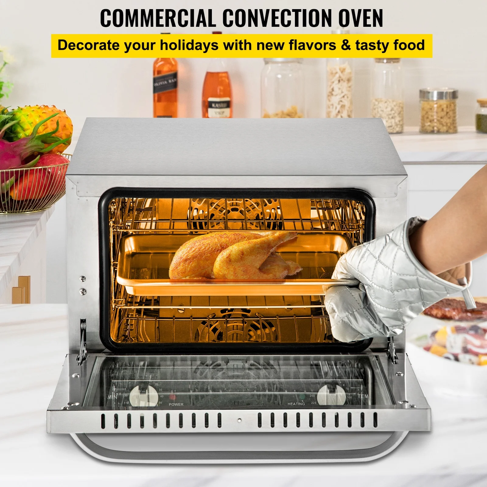 Commercial Convection Oven, 21L/19Qt, Quarter-Size Conventional Oven Countertop, 1440W 3-Tier Toaster w/ Front Glass Door, Electric Baking Oven w/ Trays Wire Racks Clip Gloves, 120V, ETL Listed