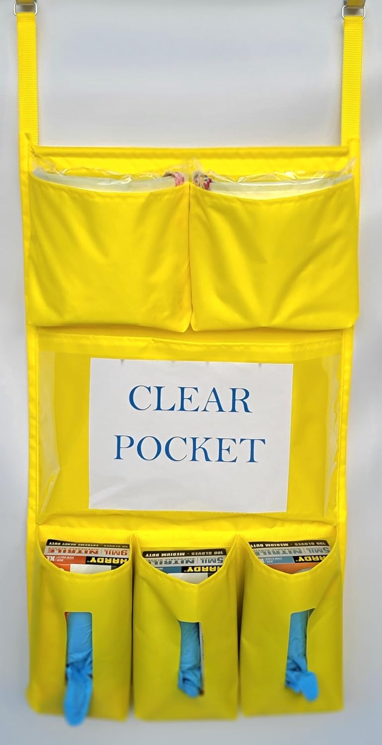 It's Sew EZ Personal Protection Equipment (PPE) Isolation Door Caddy - 6 Pockets - NFPA-701 Fire Retardant Nylon Oxford with Two Stainless Steel Hooks included (Yellow, 6 pockets)