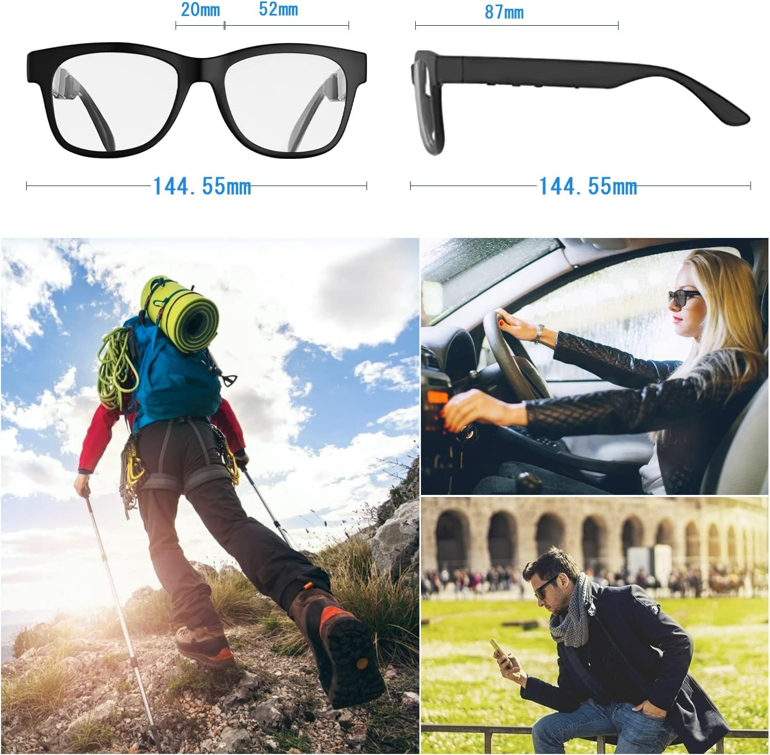 Bone Conduction Glasses, Open-Ear Headphones Bluetooth, Photochromic Sunglasses Anti Blue Ray, IP6 Waterproof Audio Glasses, Hand-Free Calling and Music, Smart Glasses for Women and Men