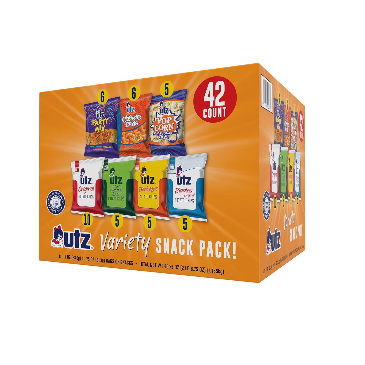 Utz Snack Variety Pack Individual Snacks, Includes Potato Chips, Cheese Curls, Popcorn, and Party Mix, Crunchy Travel Snacks for Lunches, Vending Machines, and Enjoying on the Go (Pack of 42)