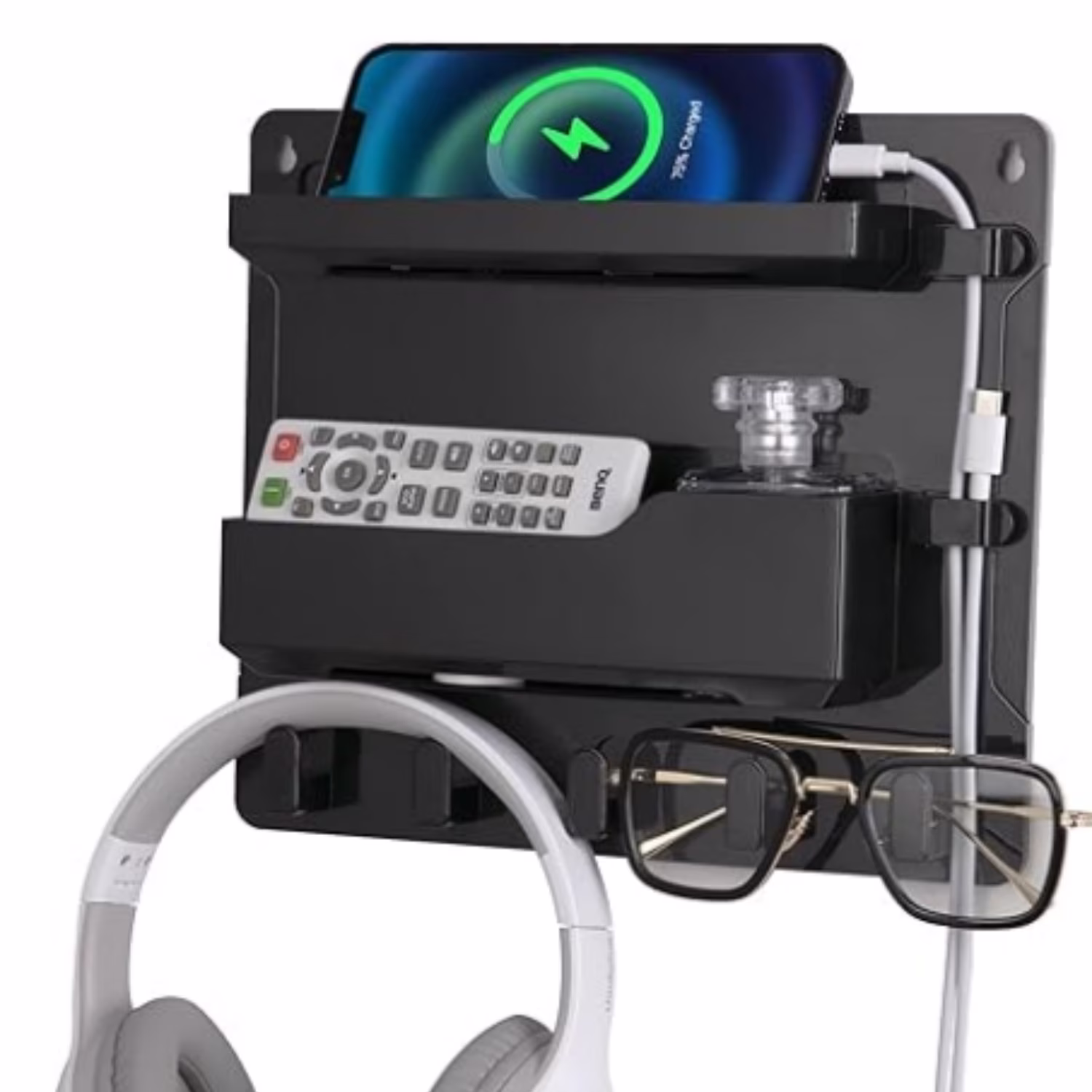 Wall Mount Shelf Organizer, Adhesive Bedside Shelf Accessories with Hooks and Cable Clips, Dorm Room Wall Storage for Phone, Remote, Earphone,  Plastic(Black)