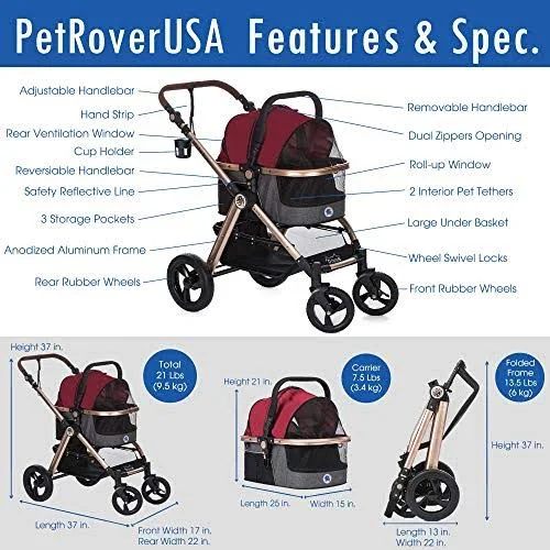 HPZ Pet Rover Prime 3-in-1 Luxury Dog/Cat/Pet Stroller (Travel Carrier +Car Seat +Stroller) w/Detach Carrier/Pump-Free Rubber Ti