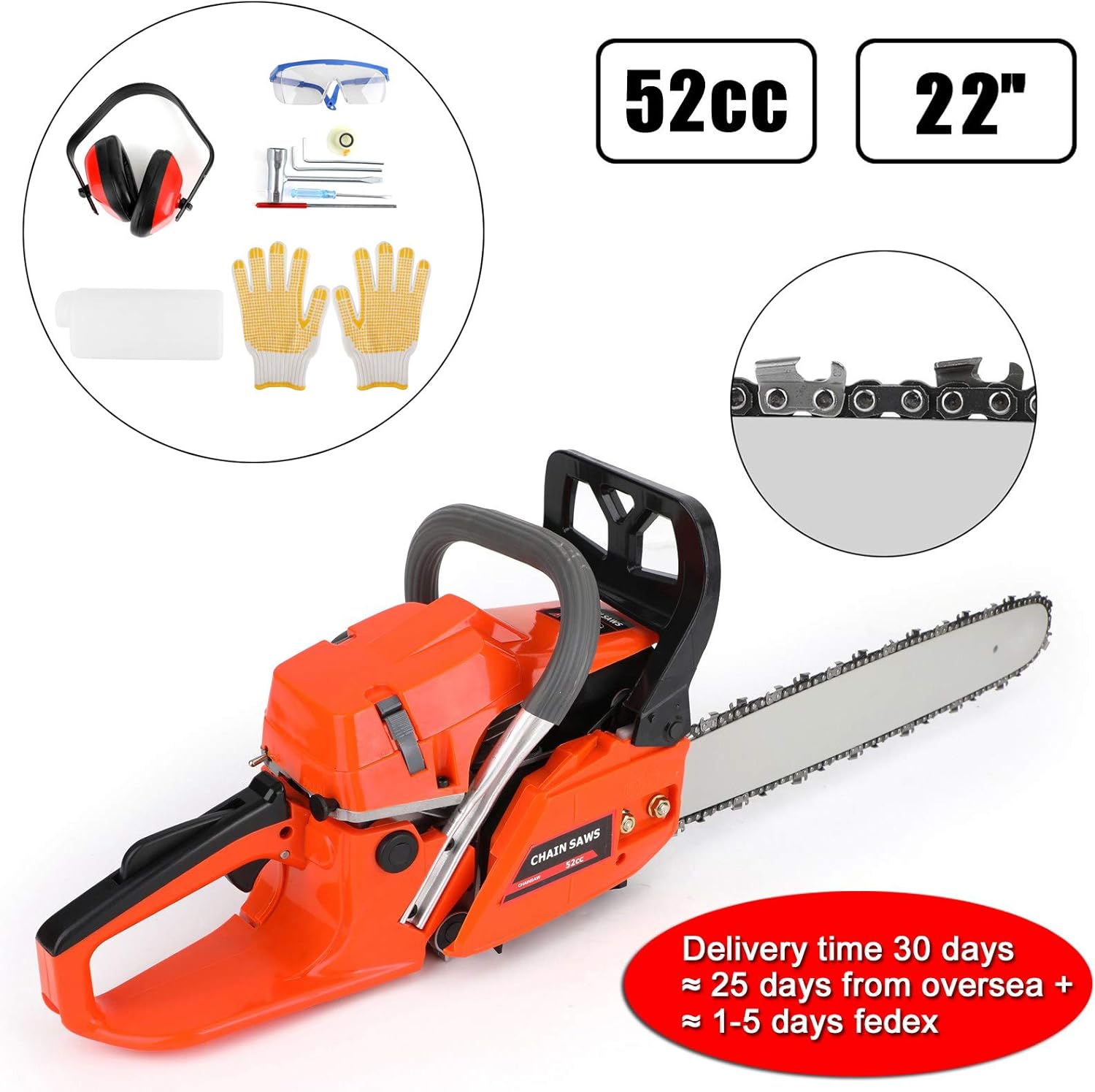 Topteng Gasoline Chainsaw 22 Inch, 52cc Gas Chainsaw 22