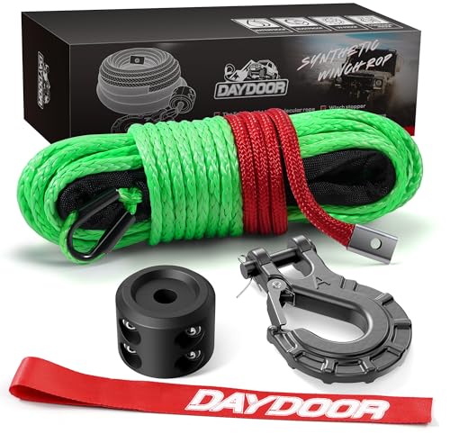 DAYDOOR Synthetic Winch Rope, 1/4'' x 50ft 10,000LBS Synthetic Winch Line, Synthetic Winch Cable for Offroad Vehicle 4WD ATV UTV, Synthetic Rope with Forged Winch Hook and Rubber Stopper (Gray)