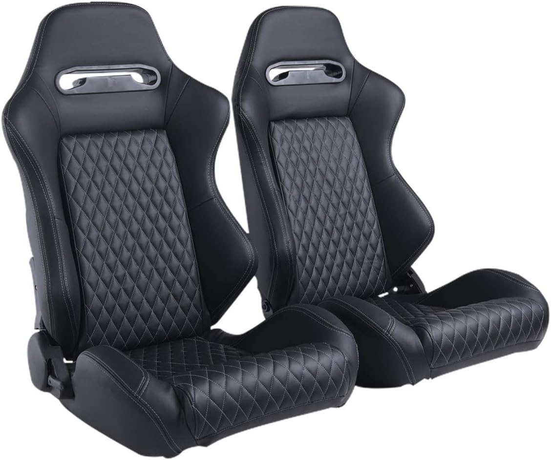 Universal Racing Seats, 2PCS PVC Leather Racing Bucket Seats Sport Pair Adjustable Seats with Sliders(Black & White)