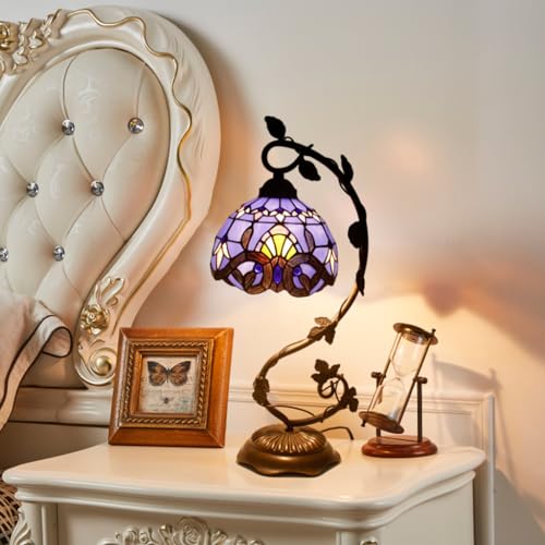 Tiffany-Style 8 Inch Table Lamp Stained Glass Baroque Lampshades Small Bedside Lamp Reading Antique Desk Light Livingroom Bedroom Office Vintage Art Deco Victorian