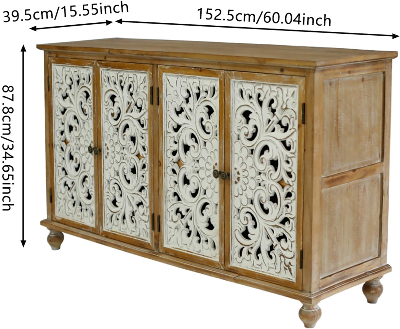 Dolonm Accent Cabinet with 4 Doors, Farmhouse Sideboard Buffet Cabinet with Storage, Modern Storage Cabinet with Wood Carved Floral Doors for Living Room, Dining Room, Entryway, Hallway, Kitchen