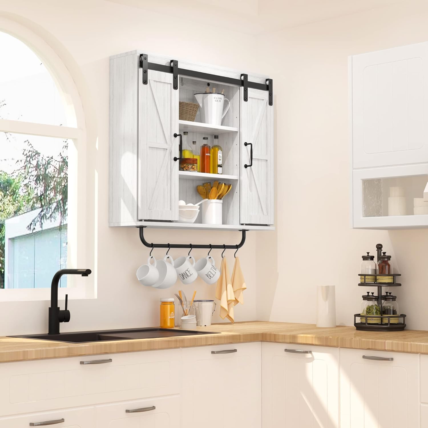 Vintage Rustic Wood Wall Storage Cabinet with Two Sliding Barn Door,1 Row of Hooks 3 Tier Cabinet for Kitchen Dining, Bathroom, Living Room(Black)