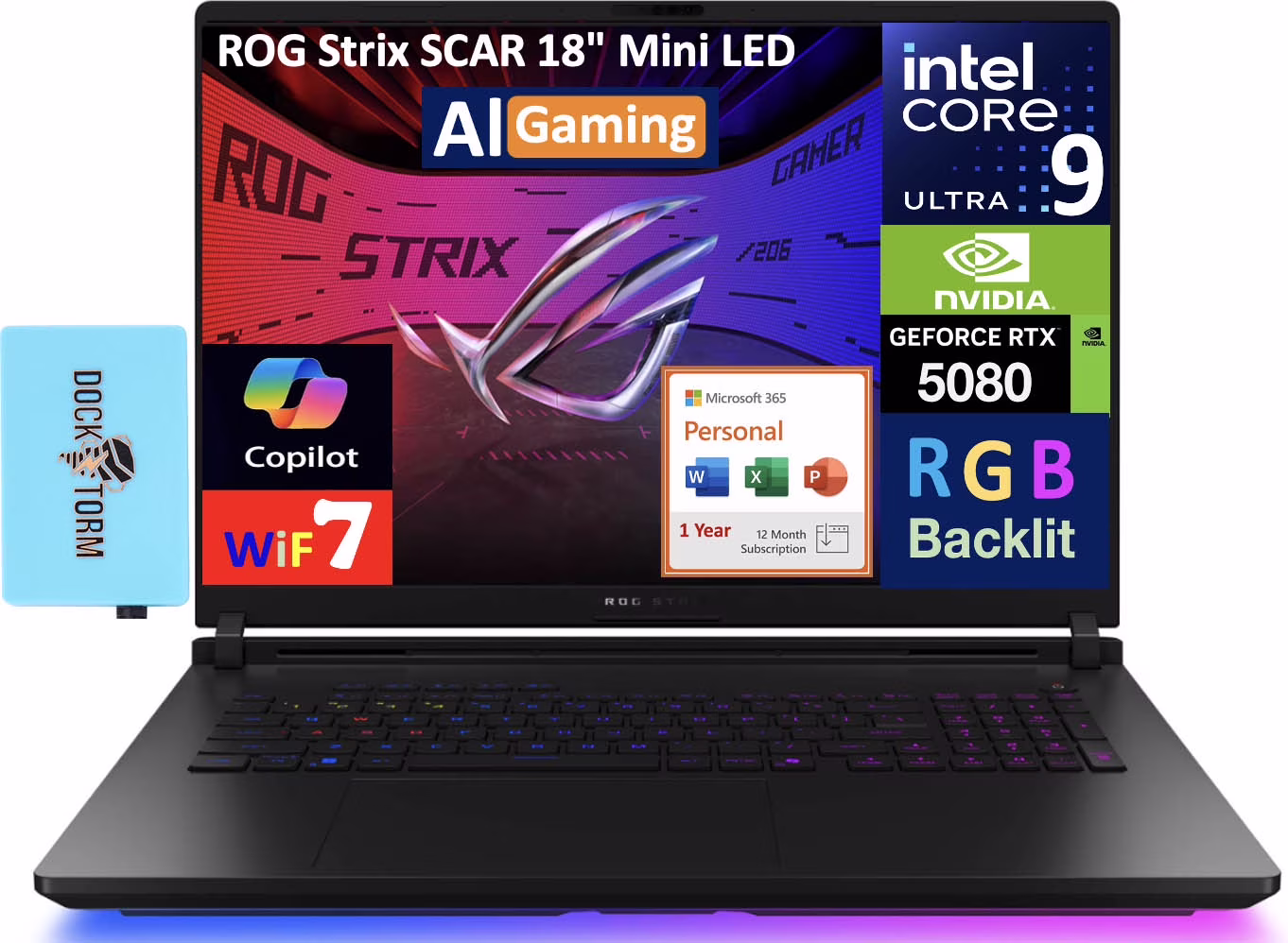 ASUS ROG Strix SCAR AI Gaming Laptop 18in 240Hz Mini LED WQXGA Display (Intel Ultra 9- 275HX, NVIDIA GeForce RTX 5080 16GB, 64GB DDR5, Win 11 Pro) w/Microsoft 365 Personal , DKZ USB Port Expander